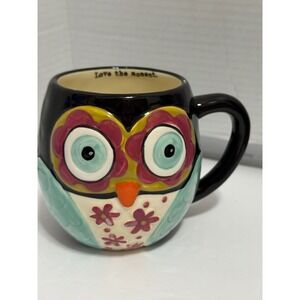 Natural Life Owl Ceramic Mug Love the Moment Black Teal Pink Floral Sculpted Cup